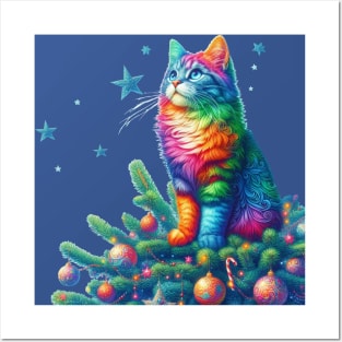 Colourful Christmas Cat Posters and Art